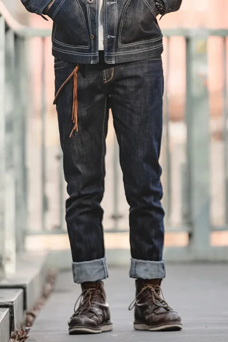 Classic Men Denim Jeans Straight Dark Selvedge Jeans Trousers