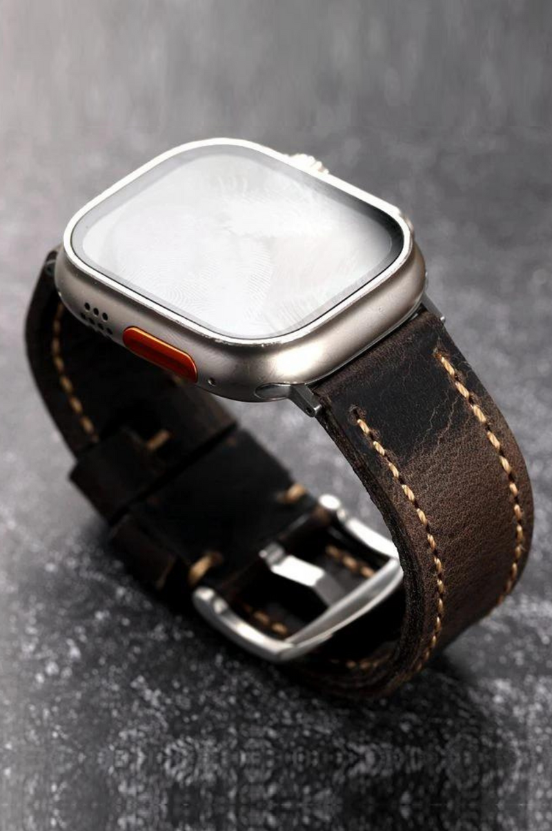 Handmade Leather Strap Grey For Apple Watch Double Thickened Men Bracelet Brushed Leather