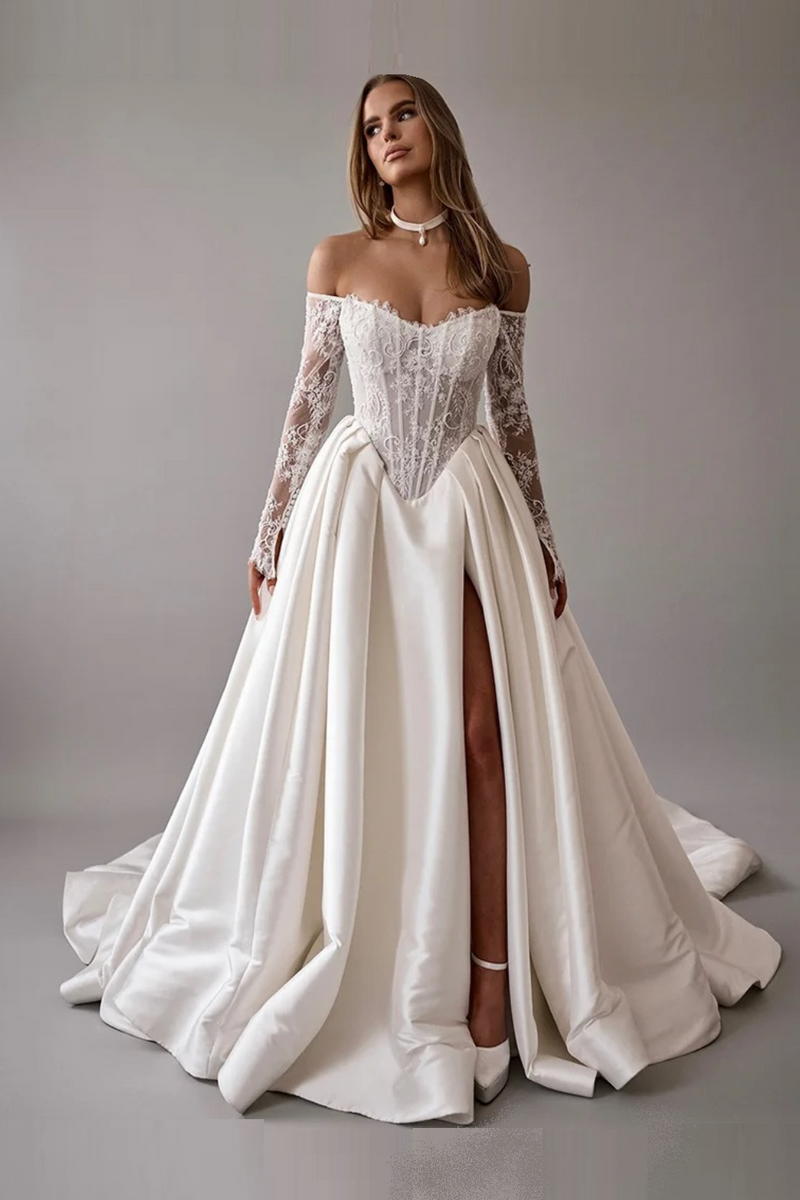 Lace Wedding Dress A-Line Off Shoulder Applique Long Sleeve Bridal Gown Princess Slit Corset Bride Gown