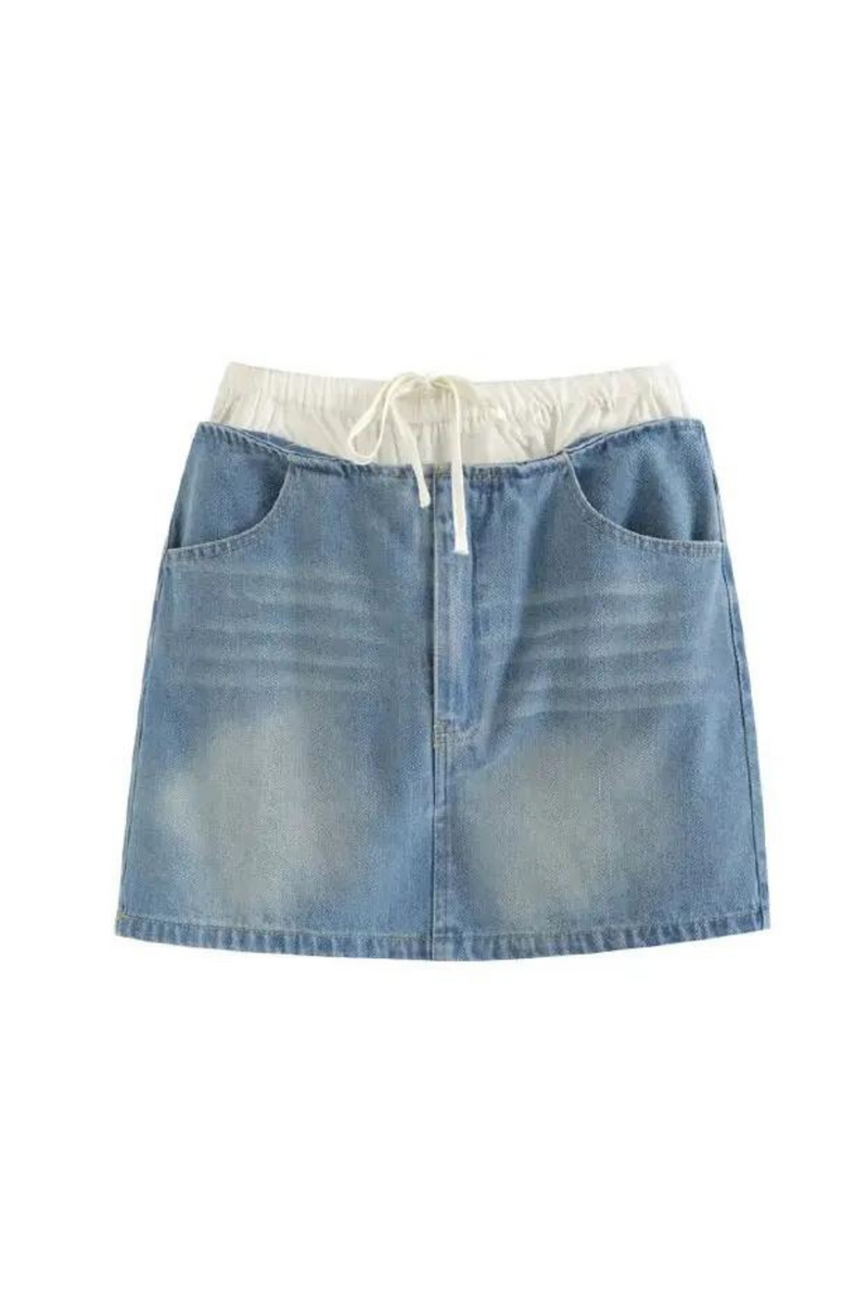 Women Slim Fit Side Pocket Casual Denim Mini Skirts Elastic Waist Lace Up Women's Skirts