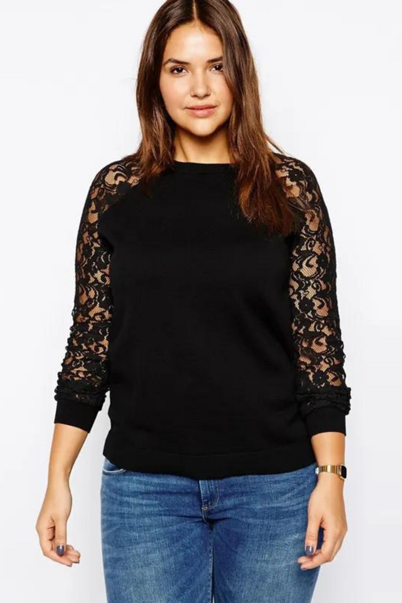 Raglan Lace Sleeve Casual Sweatshirt Women Spring Autumn Solid Black Cotton Loose Elegant