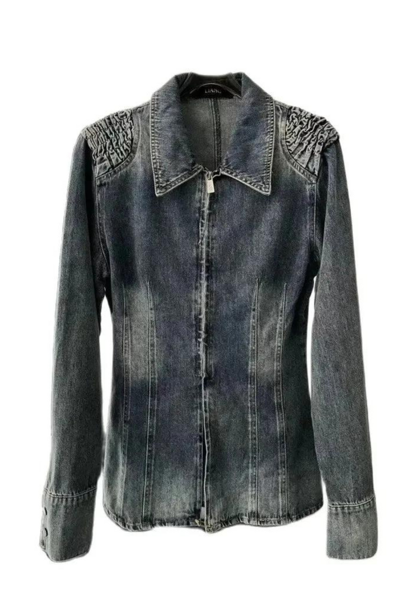 Women's Denim Shirt Lapel Shoulder Pad Waist Retraction Zipper Slim Distressed Blouse Summer