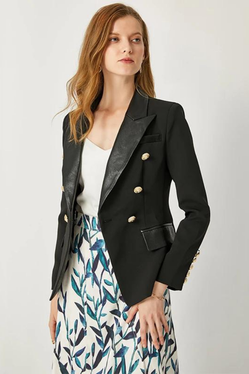 Spring Autumn European Design Leather Collar Slim Black Blazer Formal Classic Blazers