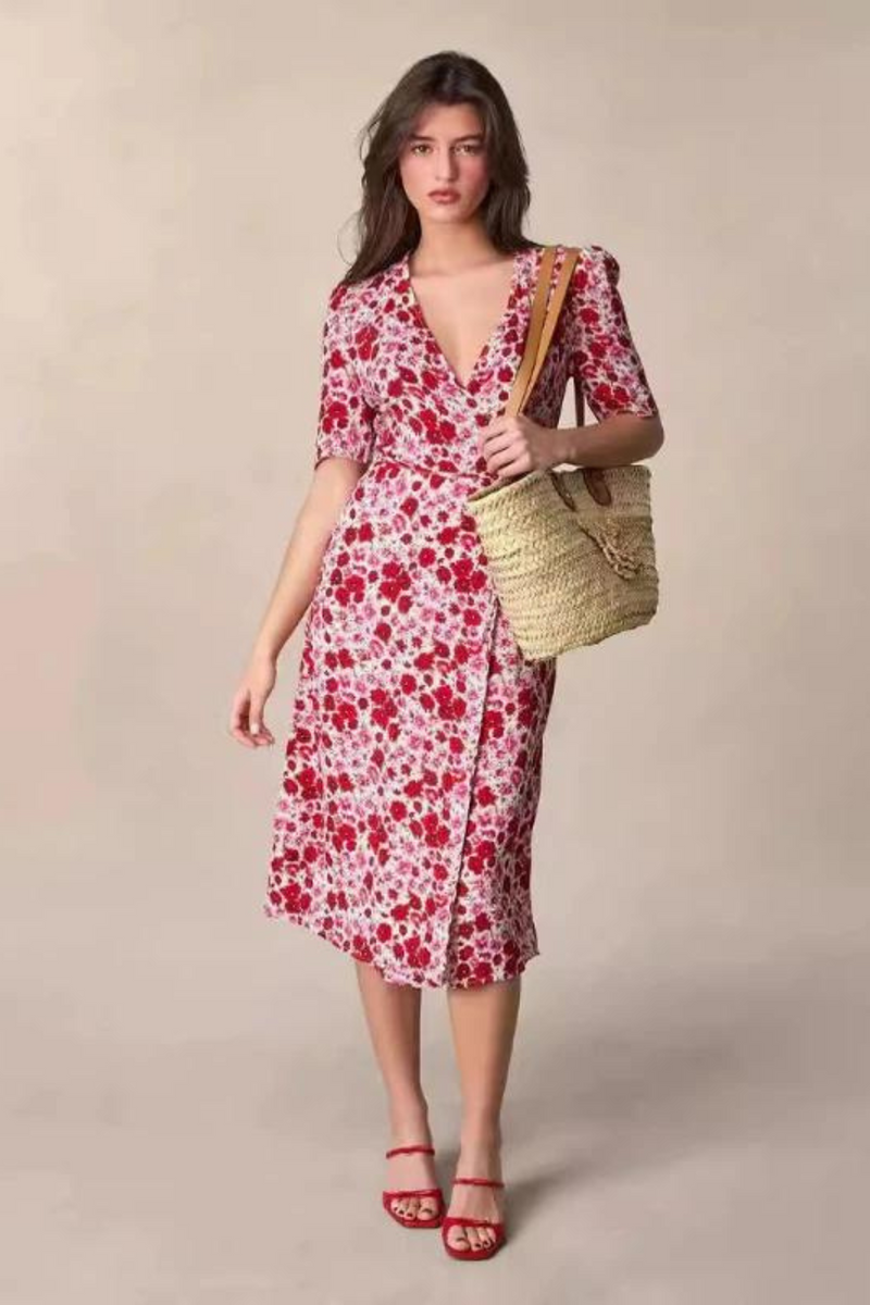 Women Spring Summer Style Floral V-neck Lace-up Dress