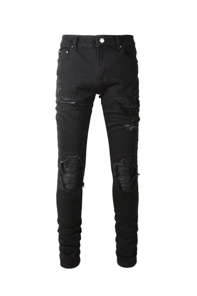 Men Leather Patch Biker Jeans for Motorcycle Streetwear Holes Ripped Patchwork Stretch Denim