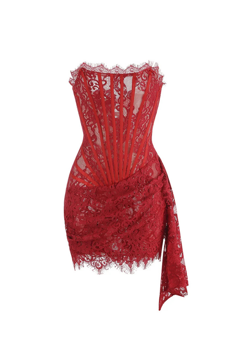 Dress For Women Red Lace Strapless Slim Short Dress With Lace-Up