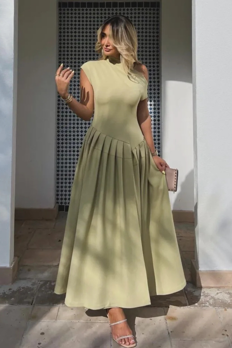 Slanted Shoulder Front Slit Pleated Dresses French Sexy Temperament High Waist Evening Robes Solid Color Woman Summer Long Dress