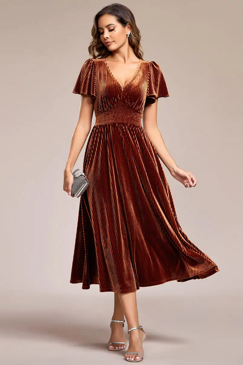 Elegant Evening Dresses Tea Length Velvet Wedding Guest Dress