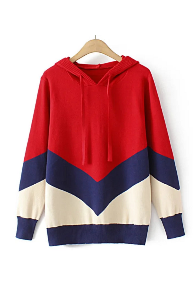 Sweater Women Fall Winter Simple Contrast Jumpers Casual Hooded Pullover Knitwear