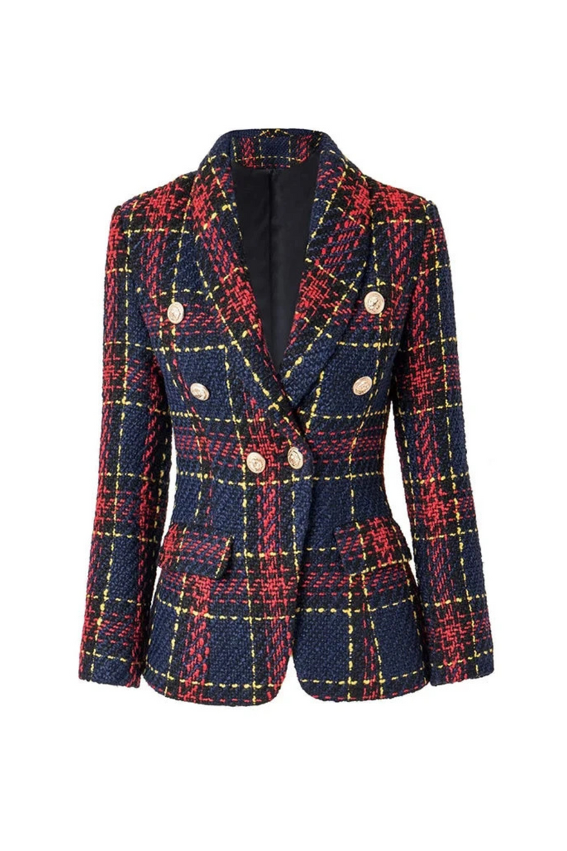 Autumn Winter Thick Woolen Red Plaid Pattern Slim Fit Women Blazer Outerdoor Jackets