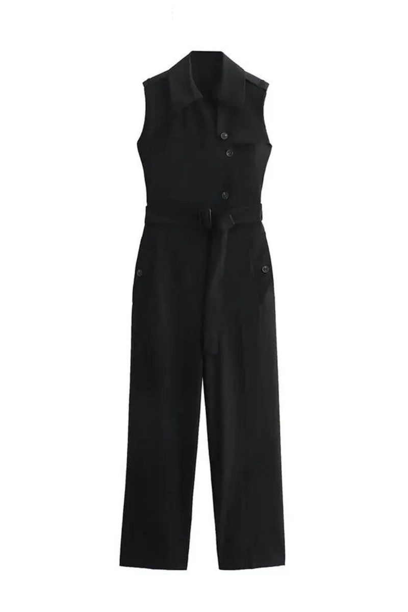 Spring Autumn Jumpsuits Female Jumpsuit Lapel Collar Sleeveless Long Jumpsuit Elegant Women's Overalls