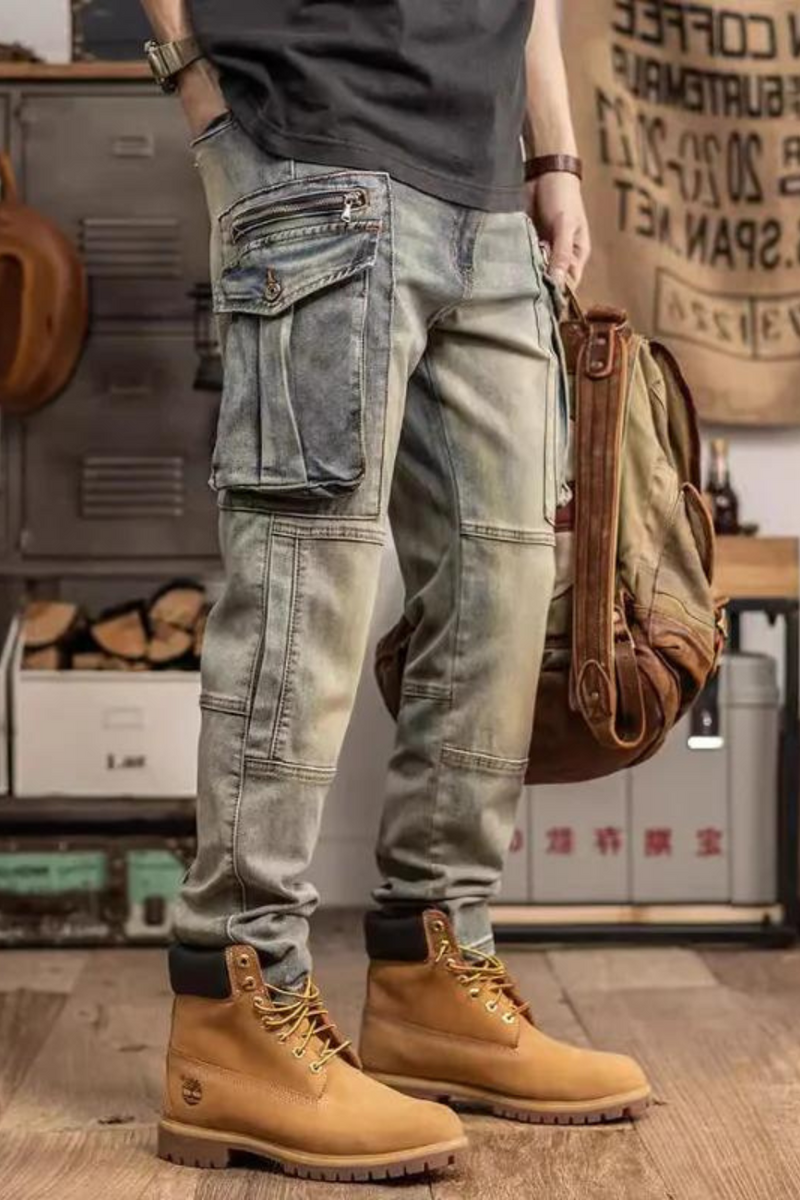 Spring and autumn retro cargo jeans men's stretch slim  straight cone casual pants