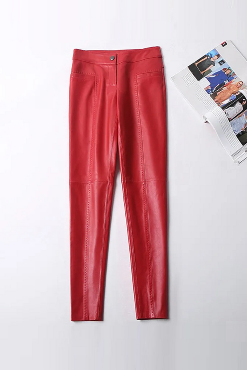 Women Leather Pants Ladies Slim Mid Waist Spring Autumn