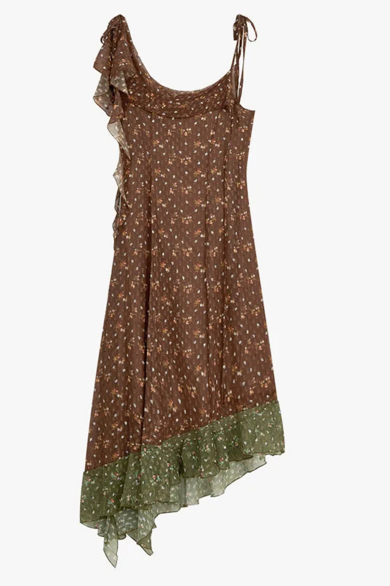 Classical Floral Dress Ruffle Sleeveless Elegant Casual Brown Spaghetti Strap Dress