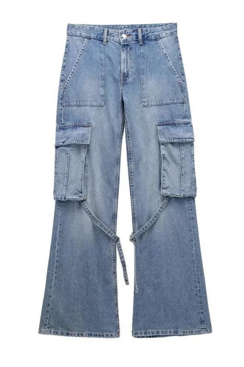 Autumn Women's Pocket Denim Pants Women's Straight Pants Retro Wide Leg Street Pants