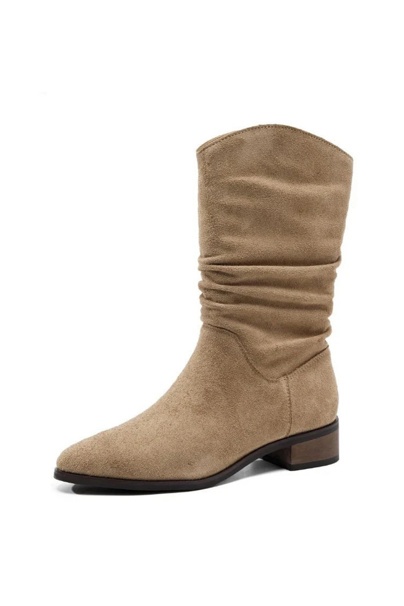 Women Mid Calf Boots Autumn Winter Leather Pleated Slip On Thick Heel Boots