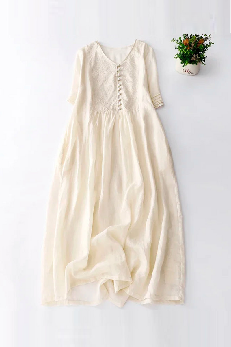 Summer Quality Embroidery Linen Dress Apricot Literary Long Dresses Soft