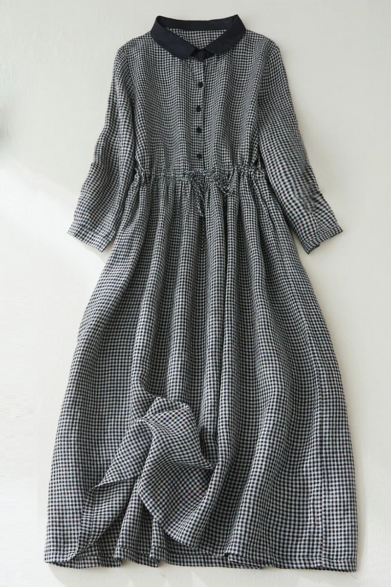 Autumn Spring Cotton Linen Plaid Long Sleeve Drawstring Elegant Ladies Dress Vintage Women