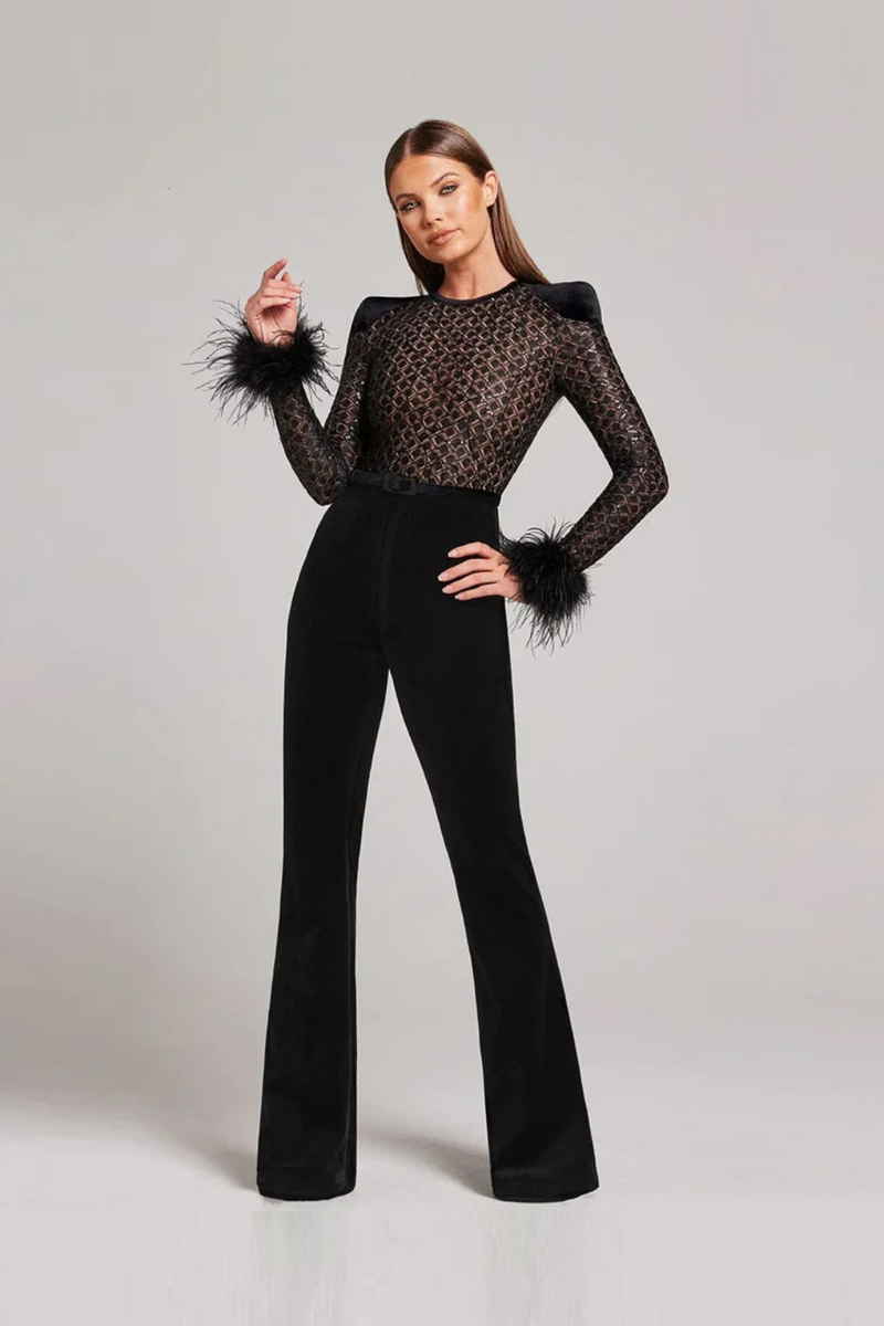 Women Jumpsuit One Piece Lace Sequin Feather Bandage Black Female Clothing