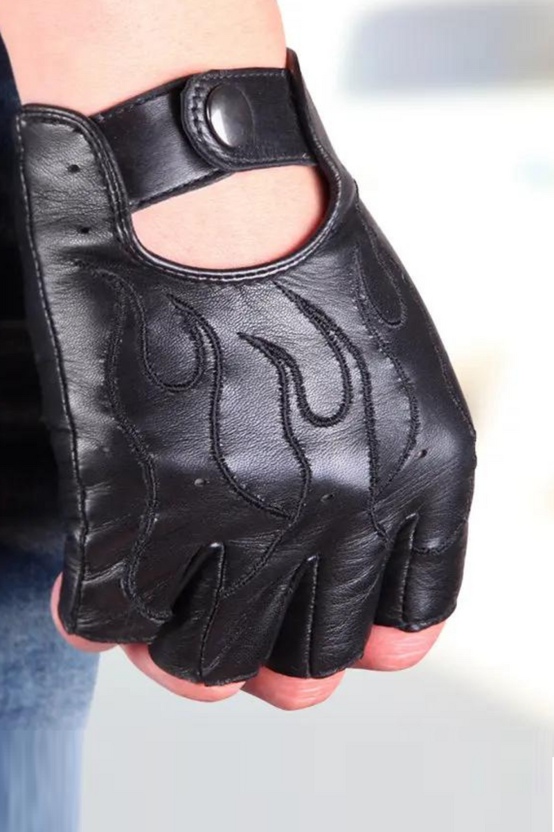 Genuine Leather Semi-Finger Gloves Male Imported Flame Pattern Embroidery Anti-Slip Men Mittens