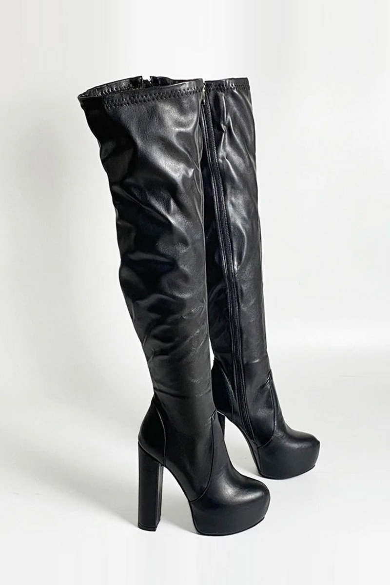 Handmade Women Spring Stretch Thigh Boots Heels Round Toe Nice Black Night Club Shoes