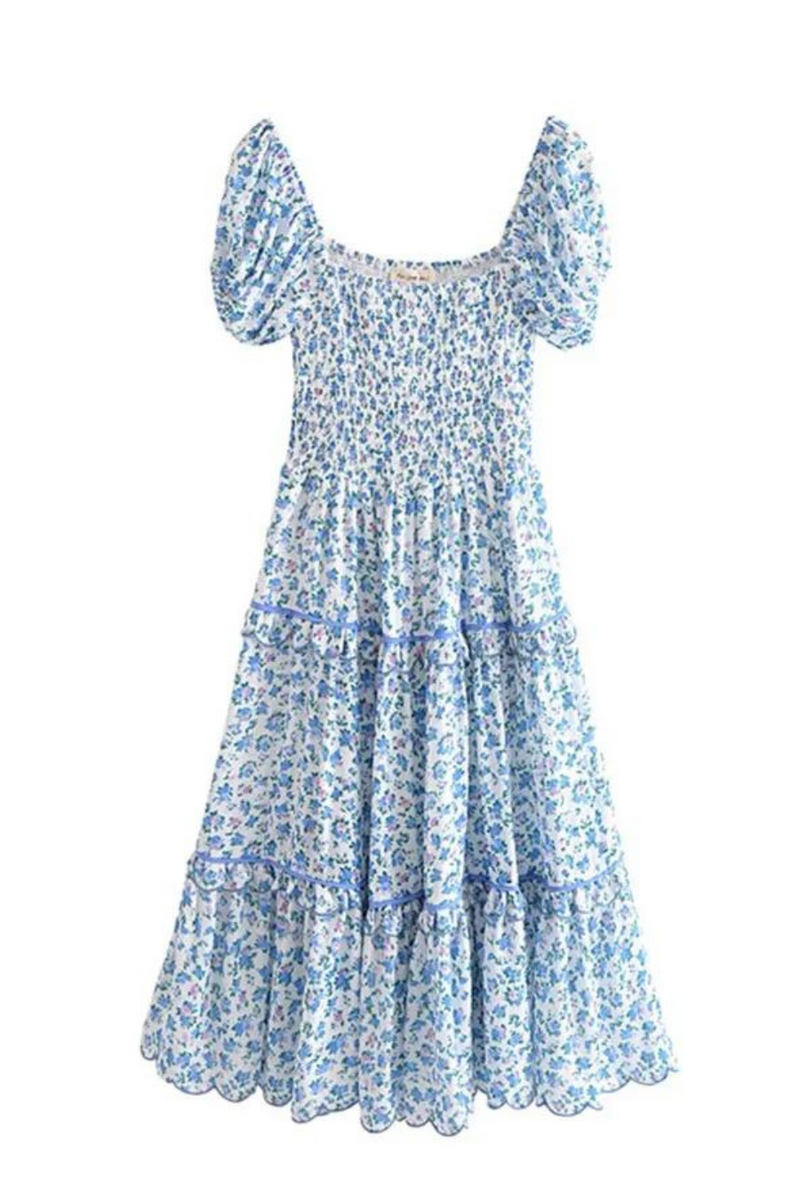 Retro French Style Women White Blue Flower Holiday Dress