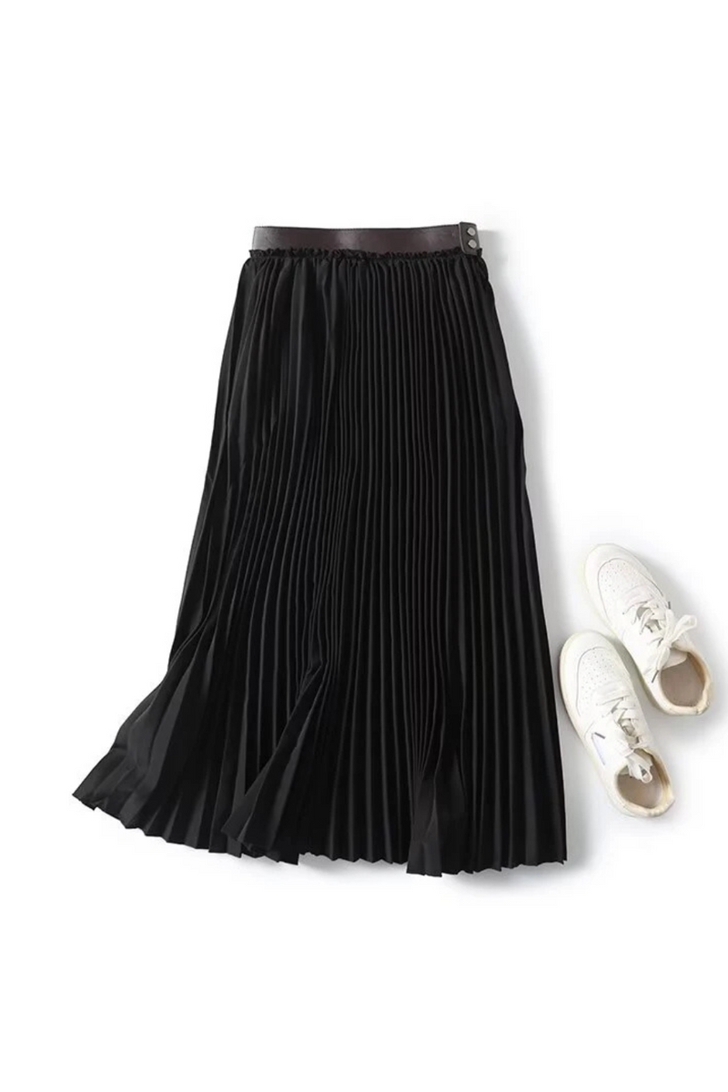 Women Leather Patchwork High Waist Pleated Skirt Lady Elegant Midi Skirts