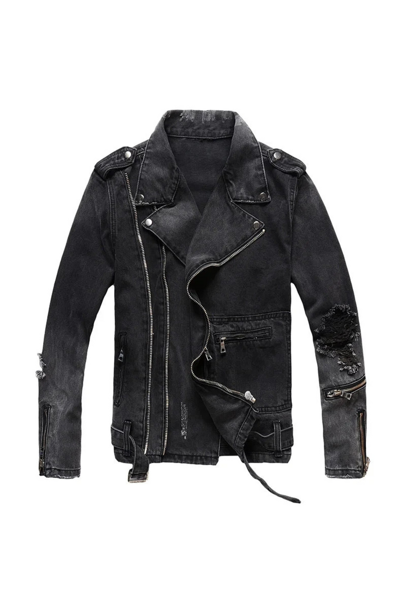 Men's zippers black denim jean biker jacket for motorcycle coat