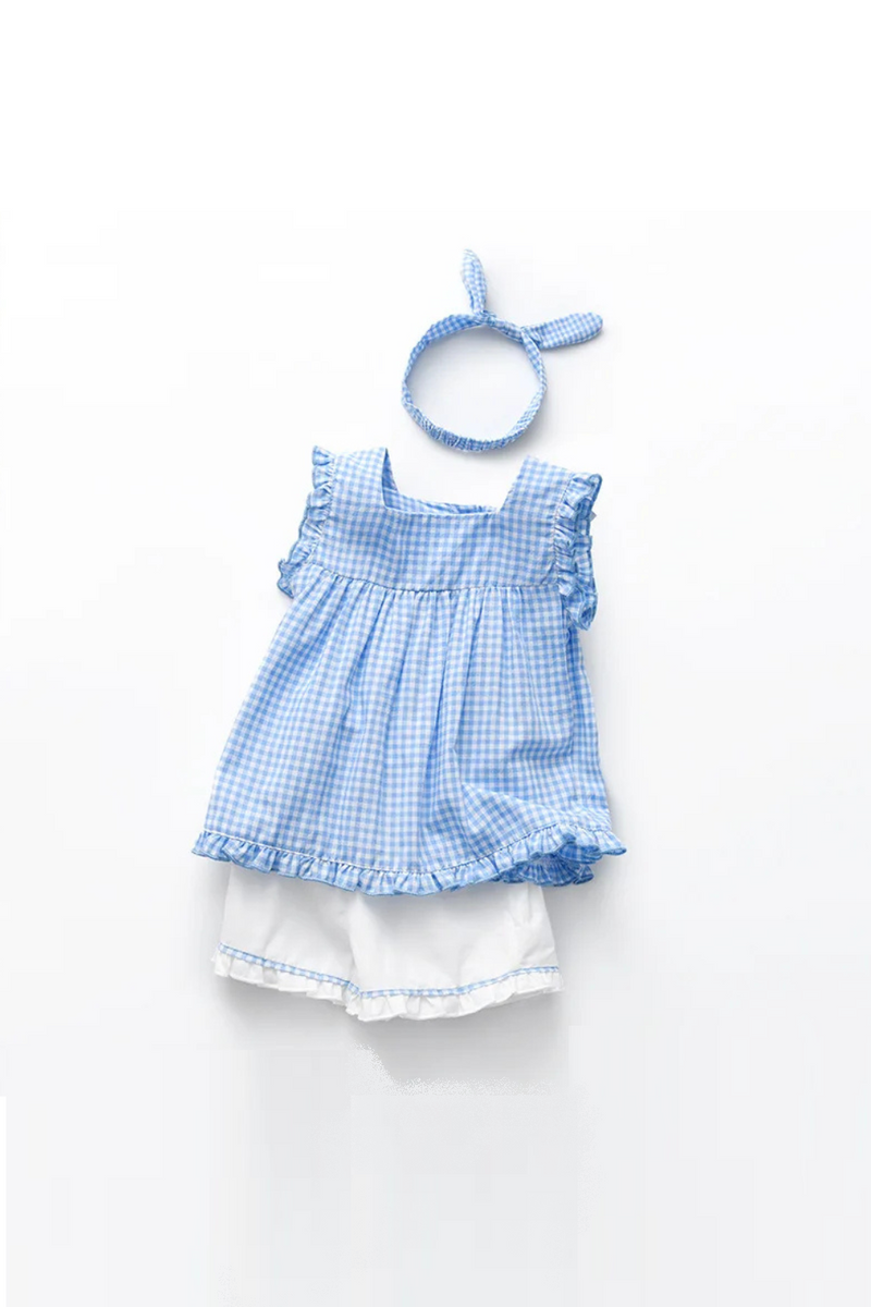 Summer Newborn Baby Girl Two Piece Sets Sleeveless Blue Plaid Top Toddler Infant Outfits