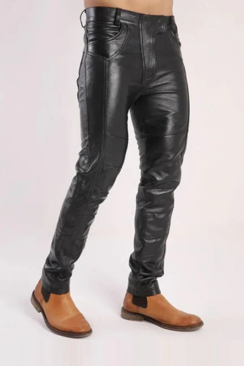 Men's Black Matte Faux Leather Splicing Pencil Pants Male Trousers