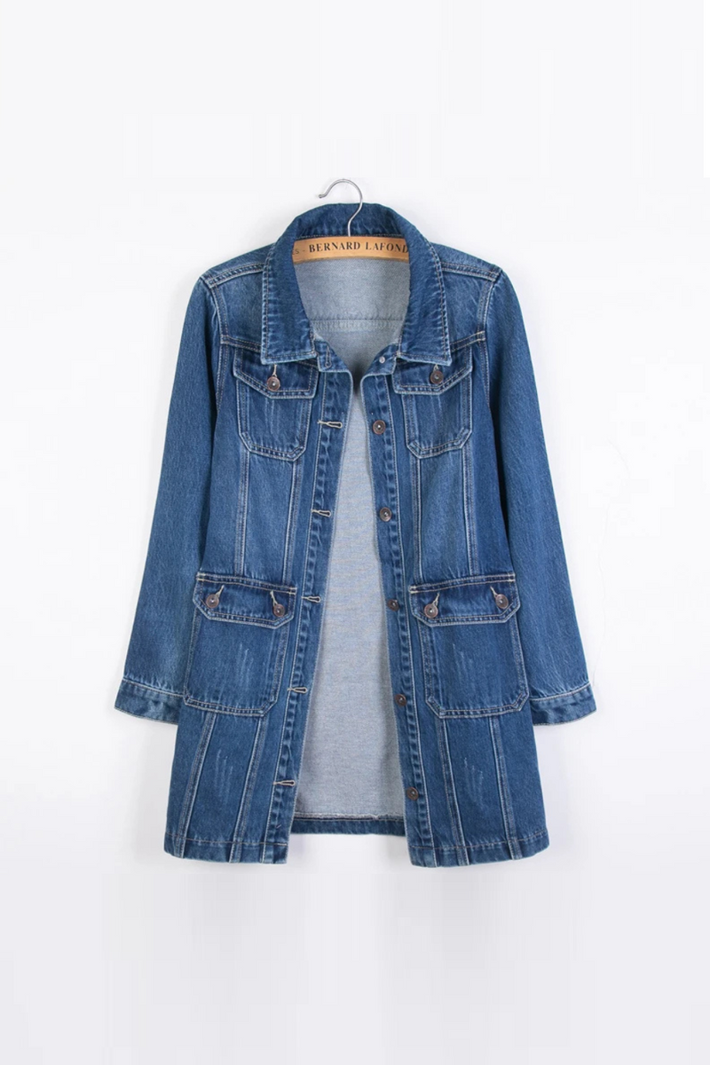 Women Denim Jackets Spring Autumn Pockets Mid-Length Jean Coat