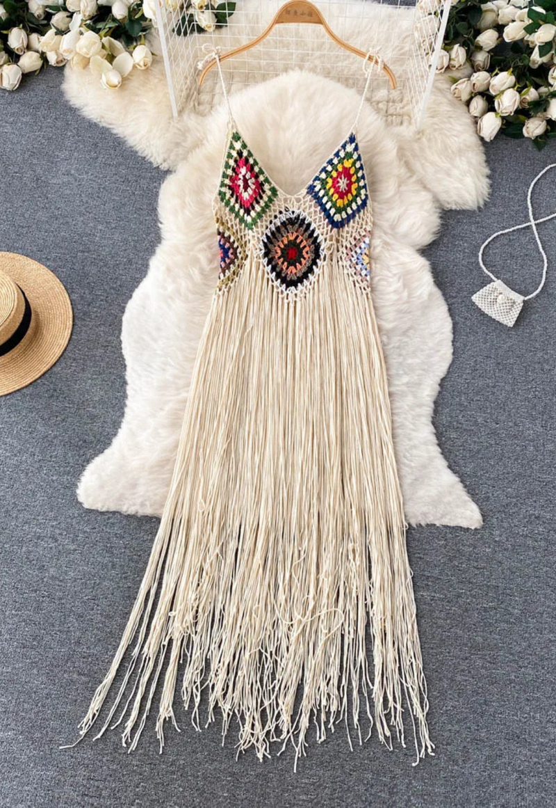 Summer Beach Dress Women Casual Sundress Vacation Knitted Tassel Loose Dress