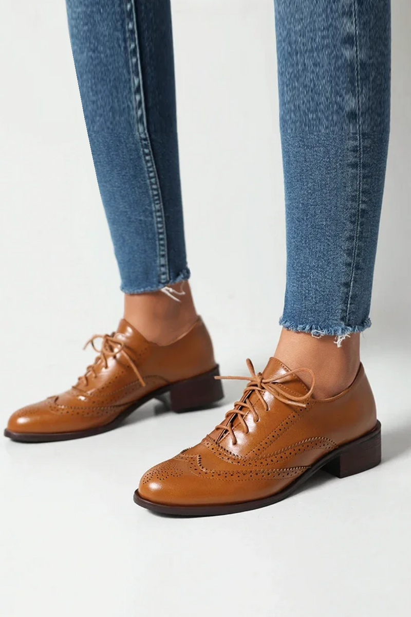 Spring Autumn Oxford Shoes for Women Round Toe Brogue Derby Lace Up Casual Shoes Work Party Pumps