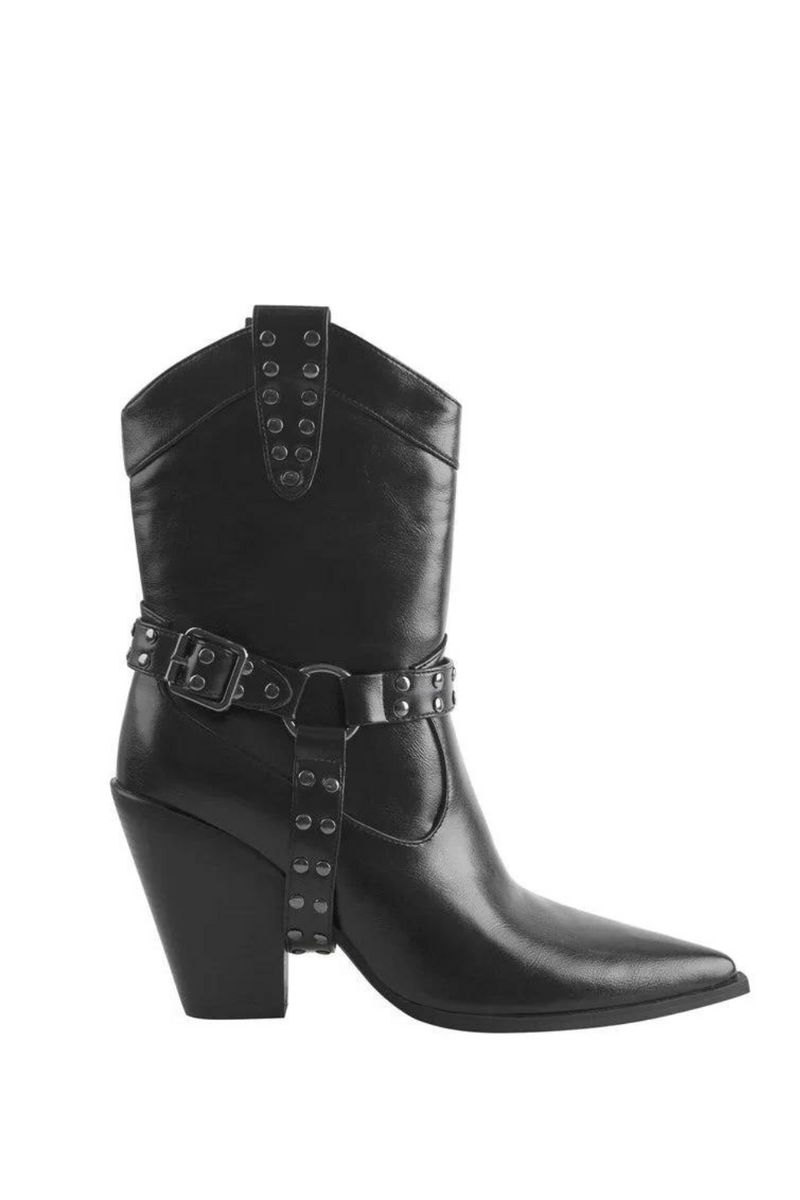 Women Pointed Toe Ankle High Boots Metal Decoration Zipper Belt Buckle Booties