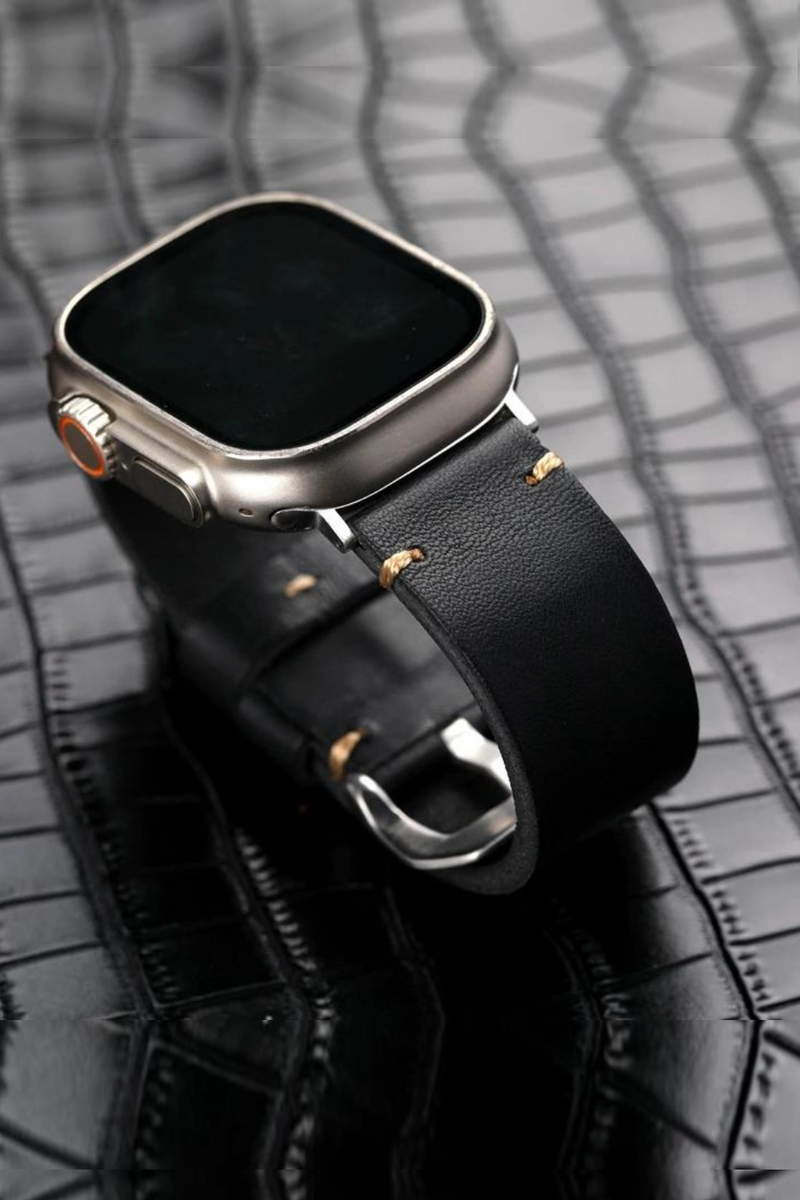 Handmade Black Leather Watchband For Apple iwatch 8/7 Ultra Men Vintage Bracelet