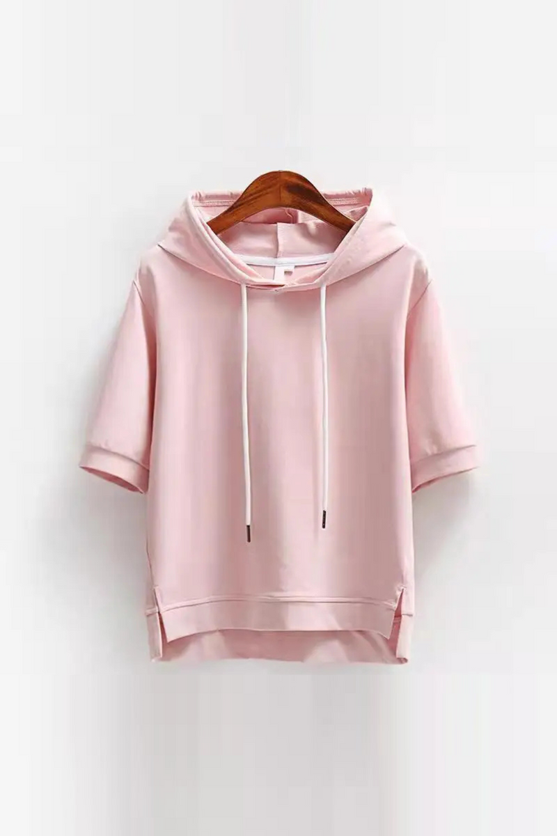 Hooded Solid Pink Women T Shirts Summer Style Loose Female Tops Sweatshirts