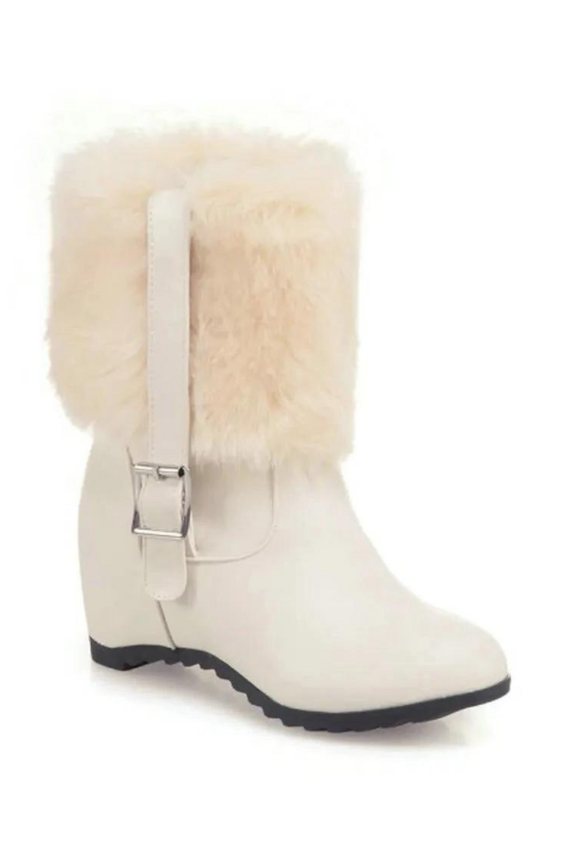 Women Plush Snow Boots with Belt Buckle Thick Heel Winter Warm Height Increase Trendy Platform Shoes