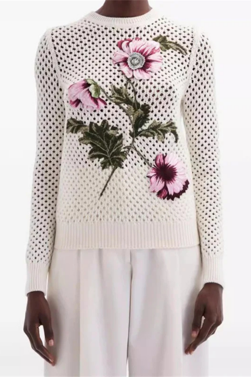 Women's sweater autumn knitted hollow out top Flower embroidered pullover Cashmere blend knitwear