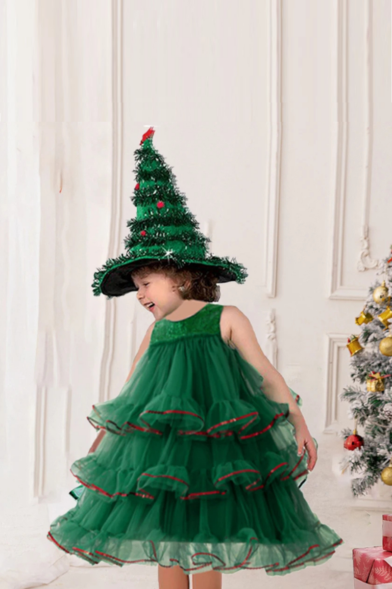 Fluffy Bow Green Christmas Girls Party Dresses Elegant Princess Dress