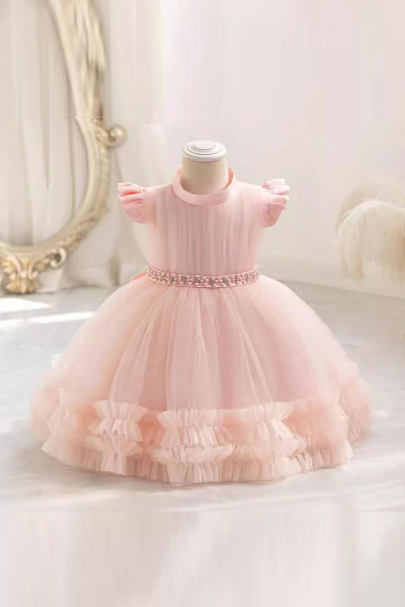 Pearls Belt Baby Girls Party Dress Sweet Birthday Tulle Kids Dresses for  Bridesmaids Princess Gown