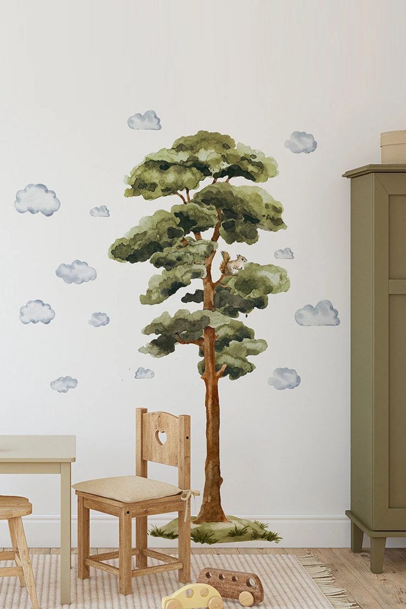 Woodland Tree Squirrel Cloud Wall Sticker Wildlife Animal Wall Decal Playroom Home Decor