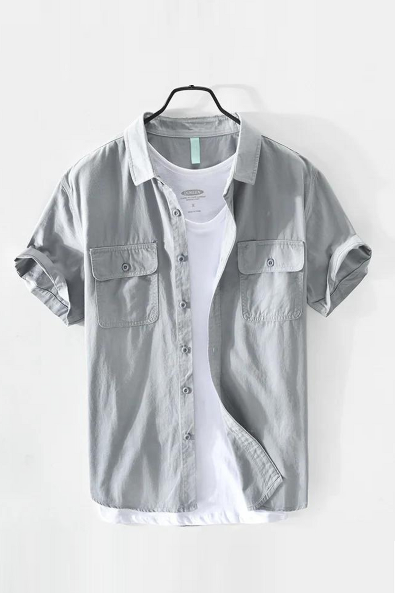 Summer Men Casual Shirts Premium Cotton Slim-Fit Simple Design Double Pocket