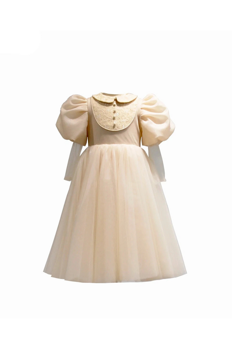 Champagne Girls Skirt Lace Lantern Sleeves Ball Gown Customized Elegant Kids Dresses