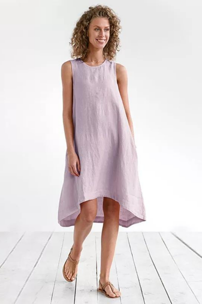 Linen Women Dress Casual Loose O-Neck Sleeveless Asymmetric Summer Woman Pockets Dresses