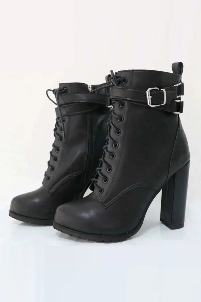 Block High Heel Women Boots Ankle Straps Round Toe Hidden Platform Lace Up Shoes