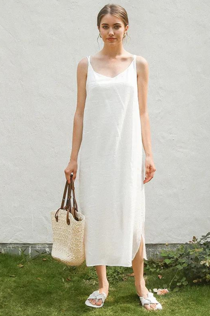 Linen Long Dresses For Women  Casual Solid Sleeveless Back Cross Open Side Party Dresses Boho Sundres