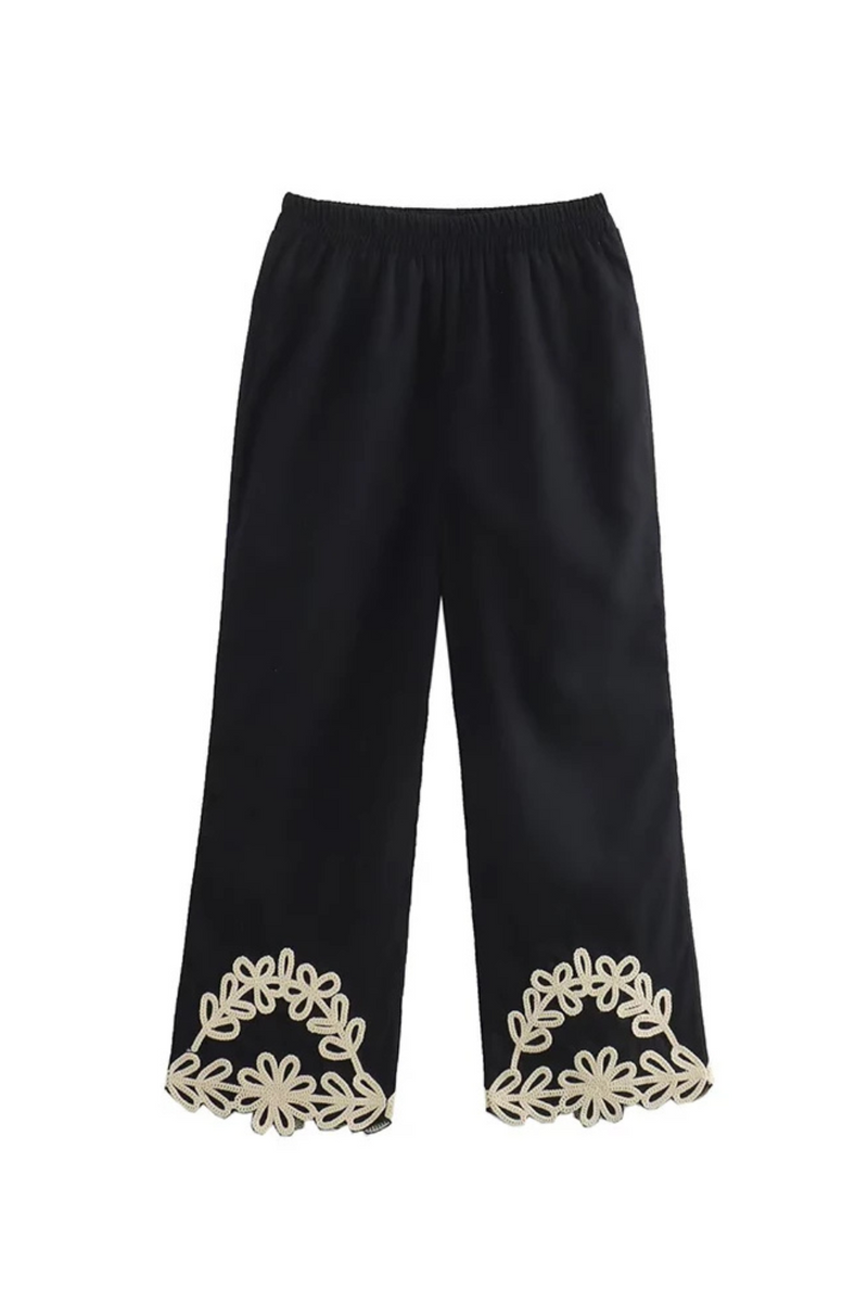 Summer Women Floral Embroidery Black Wide Leg Trousers Casual Female Pants