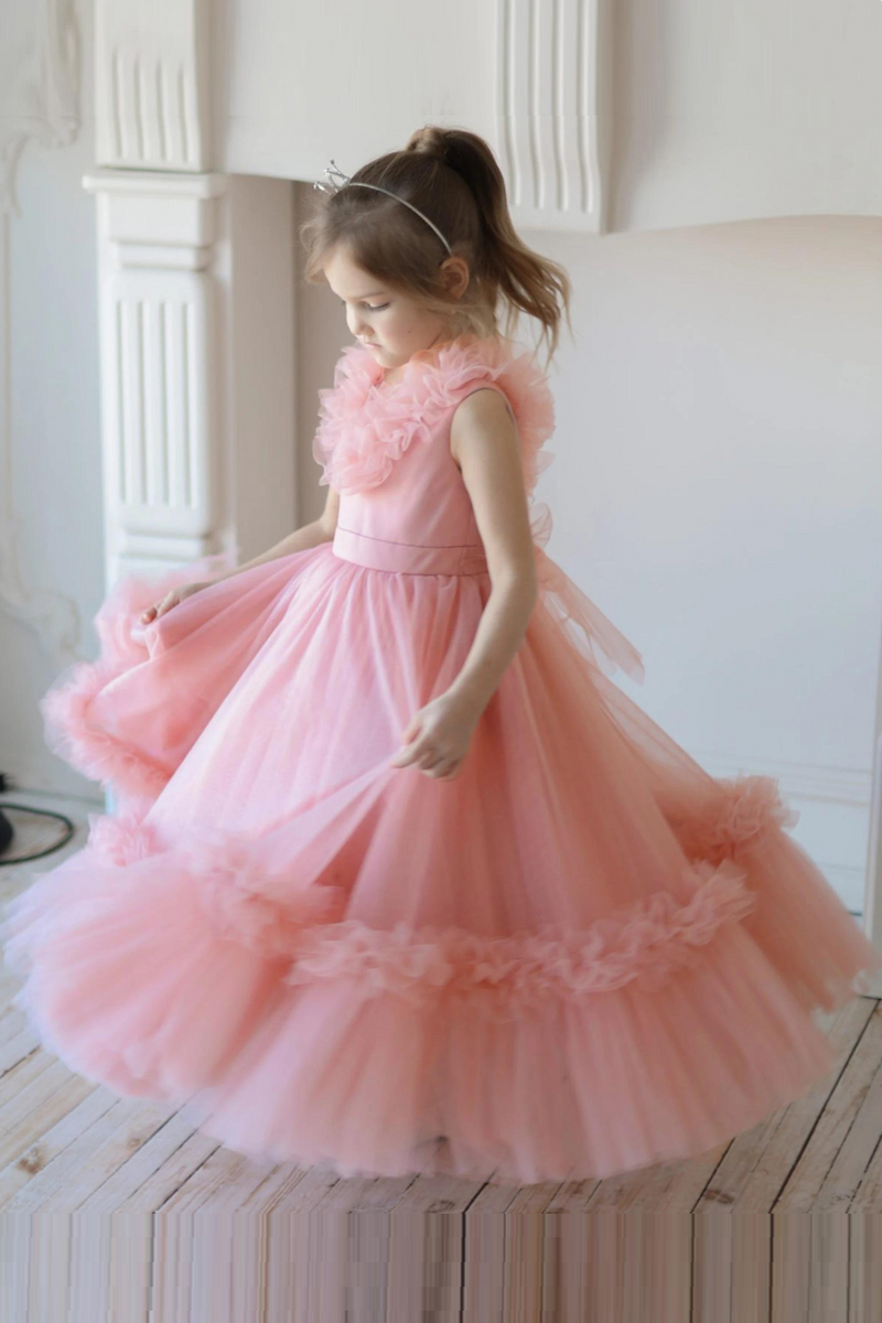 Elegant Girls Big Bow Dresses Fluffy Pink Tulle Birthday Ceremony Prom