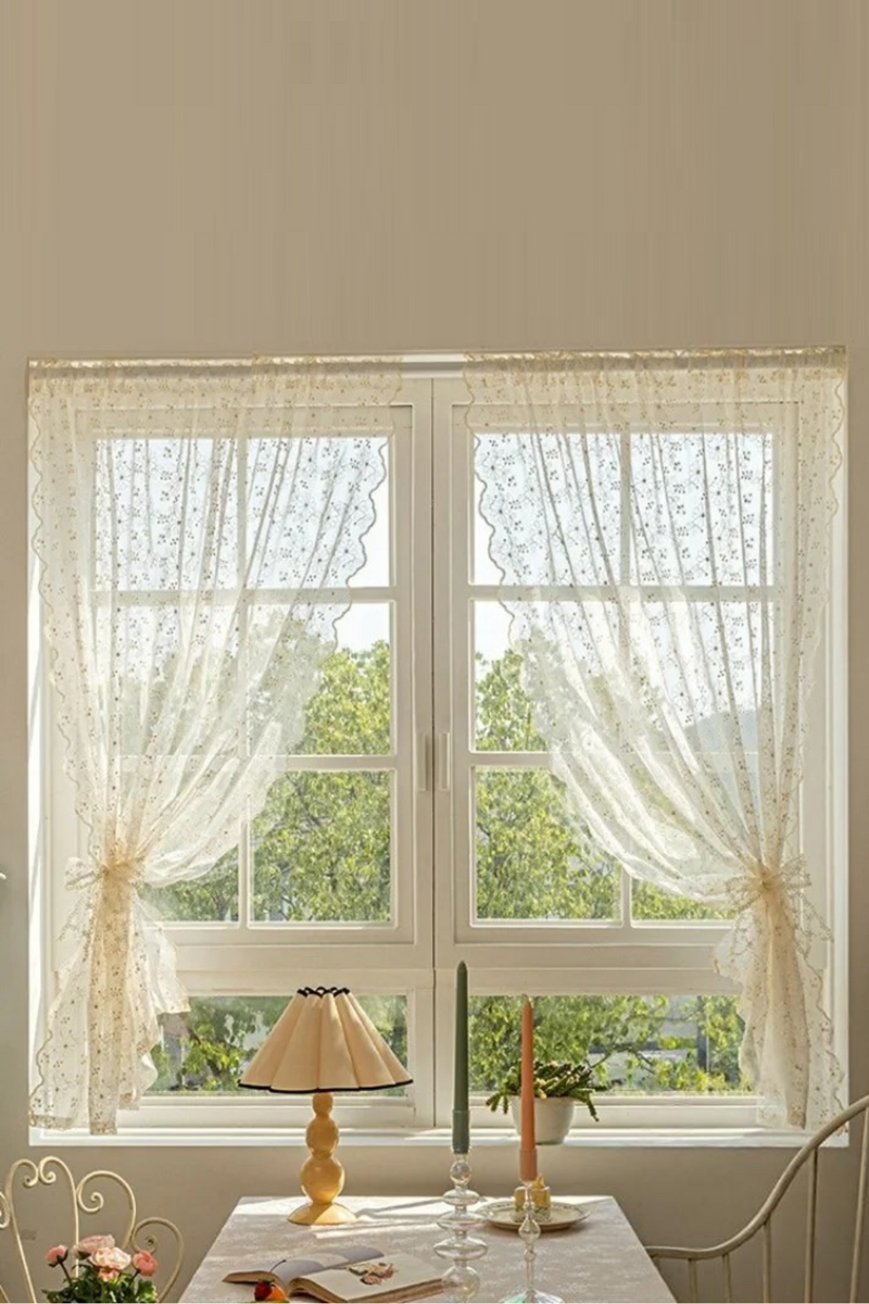 Lace Curtain Short Curtain Cream Embroidery Floating Window Covering  Door Curtain Partition