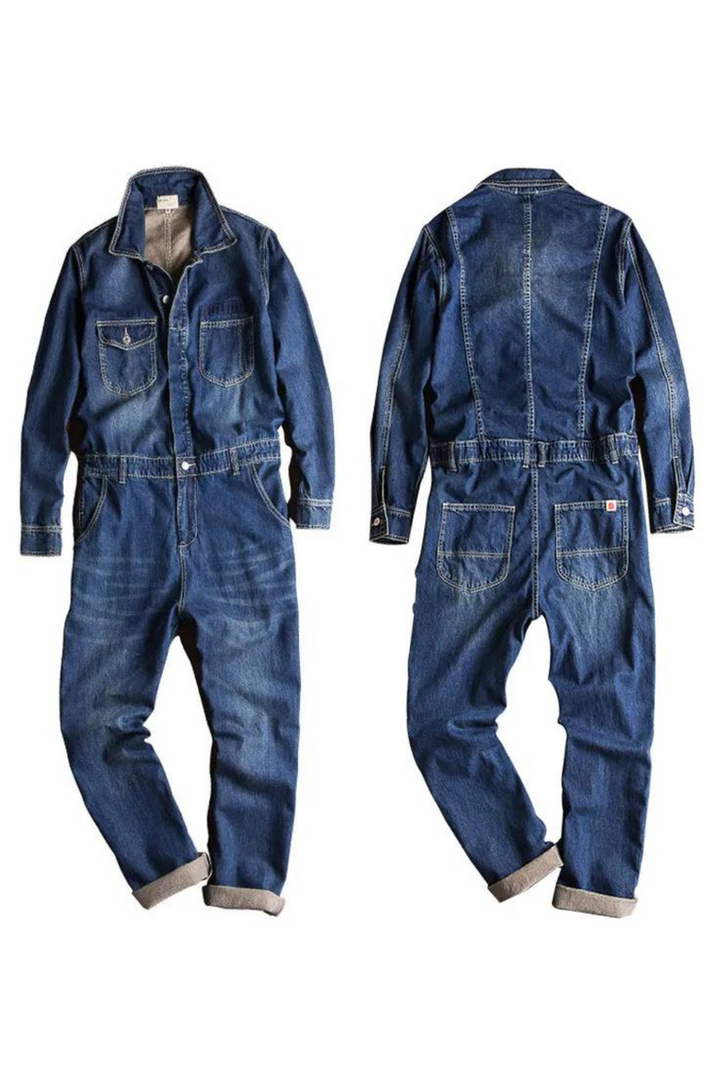 Spring And Autumn Overalls Men Denim Jumpsuits Lapel Loose Jeans Cargo Pants Trousers